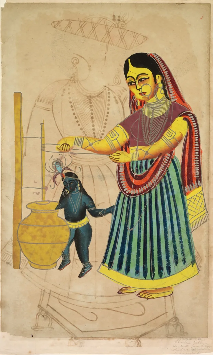 19th-century Kalighat painting of Yashoda churning butter while young Krishna reaches for it